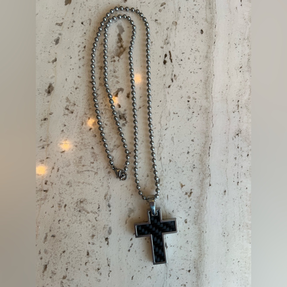 Men's Stainless Steel Silver and Black Cross Pendant Necklace with Carbon Fiber